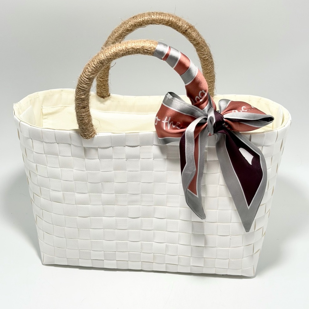 White Woven Tote Bag with Rope Handles and Decorative Scarf